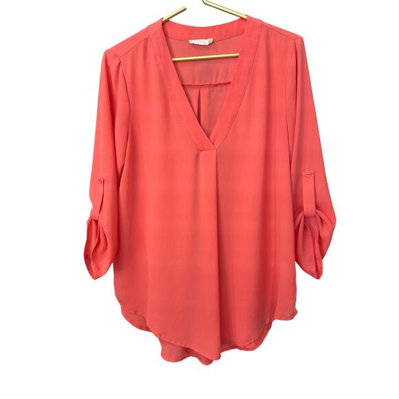 LUSH Coral Oversized Blouse V Neck 3/4 Button Tab Sleeve Size M EUC - Picture 2 of 5